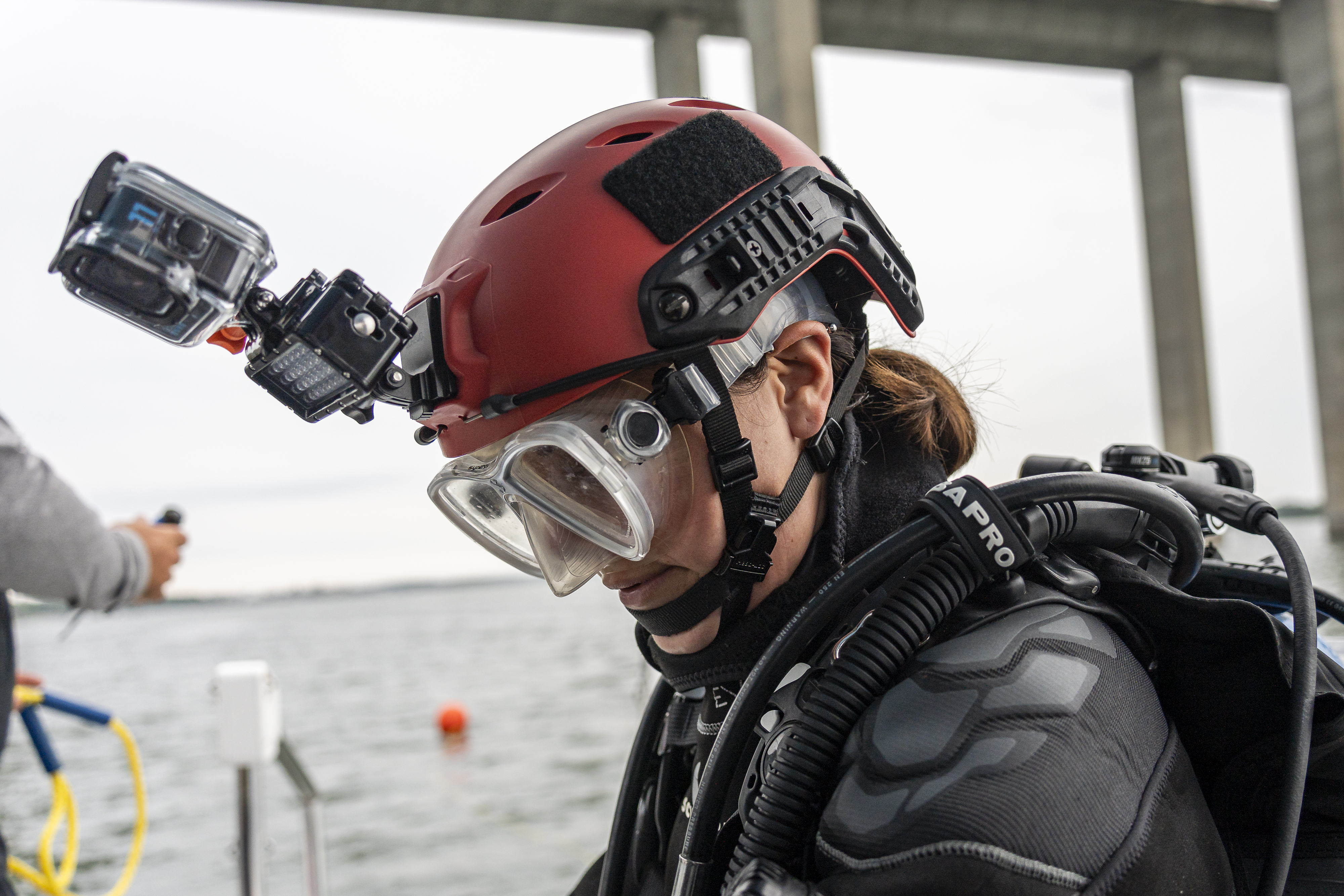 Andi Cross gearing up for a dive, USA expedition fieldwork
