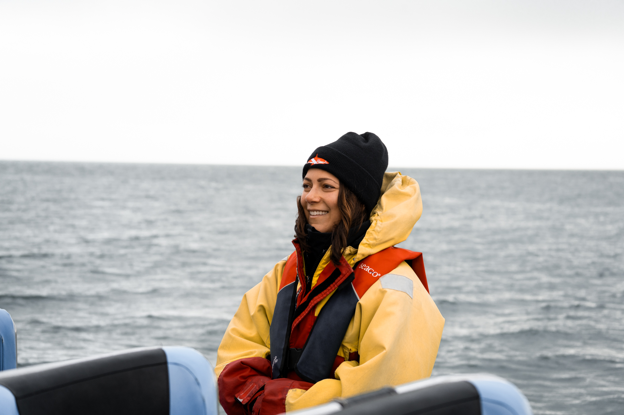 Andi Cross aboard a boat off Flatey Island, Iceland
